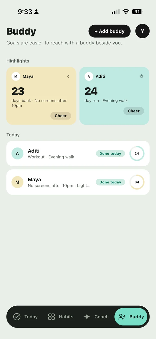 The Buddy tab with two friends&rsquo; streaks