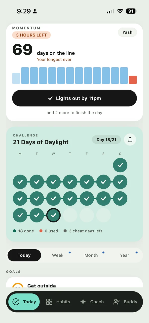 A challenge on the Momentum card, with days ticked and cheat days left